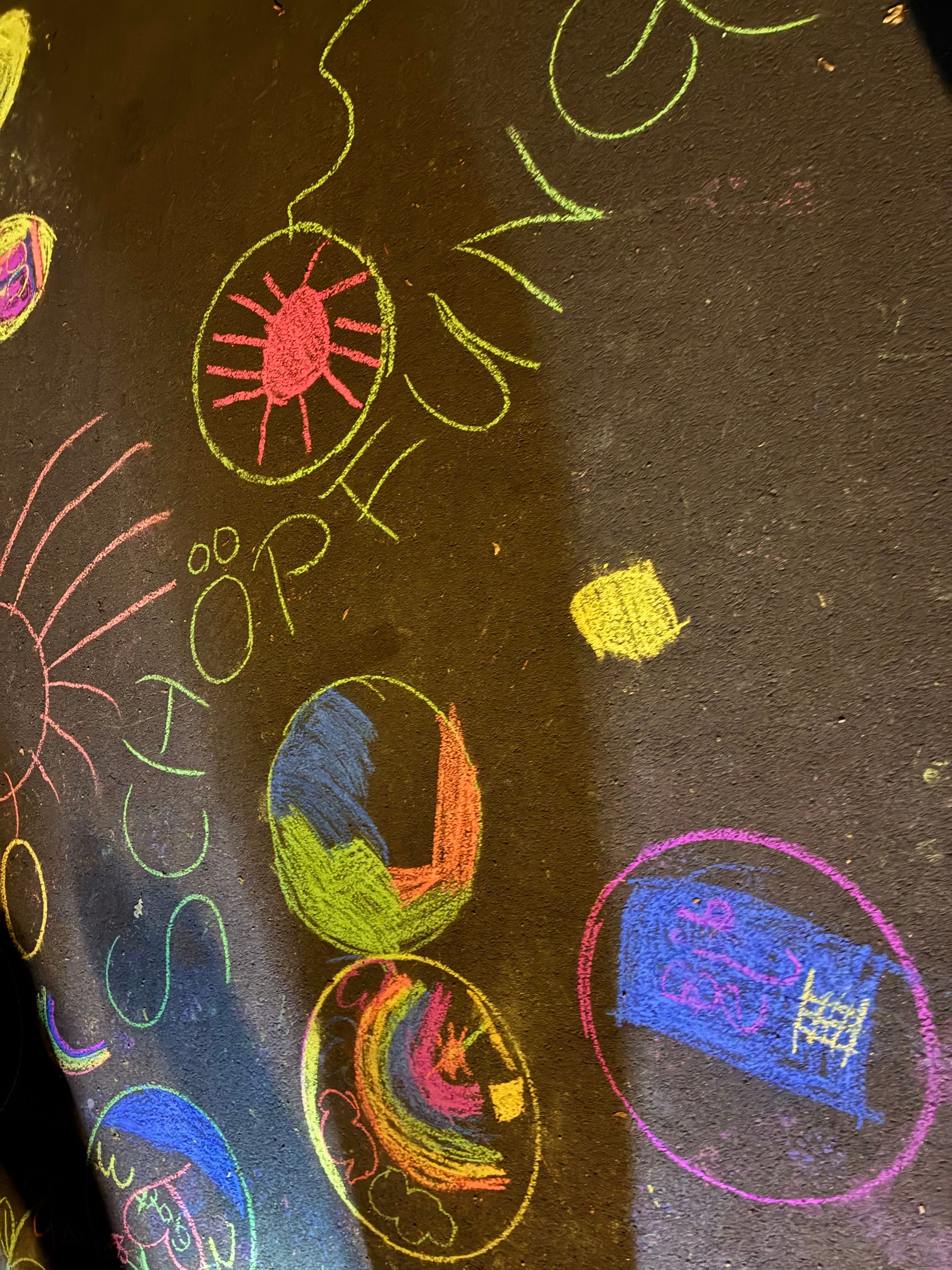 Nachtwanderung für Familien 2026 Es ist zu sehen, was die Kinder zum Thema 'Gottes Schöpfung' mit fluoreszierenden Kreidestiften auf den Asphalt gemalt haben.